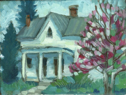 plein air painting of house with flowering tree in Old Washington kentucky by artist ken swinson