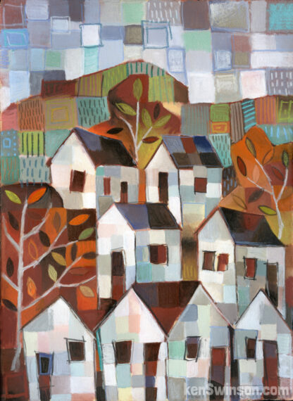 colorful folk art abstract style painting of houses in front of patchwork hills