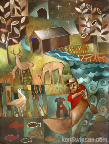 abstract folk art style painting of boy in canoe with dog, deer, covered bridge