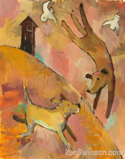 folk art style painting of two dogs playing in front of an out house