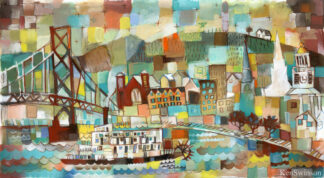 abstract folk art style painting of colorful town on river with paddleboat