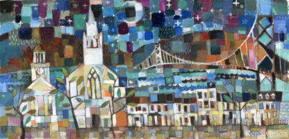 folk art abstract style painting of town by river at night with courthouse church bridge and row of houses