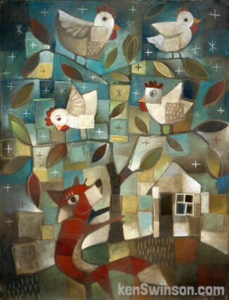 abstract folk art style painting of a fox beneath a tree filled with chickens