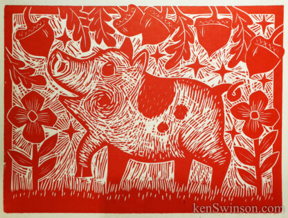 bright red woodcut of a pig eating acorns