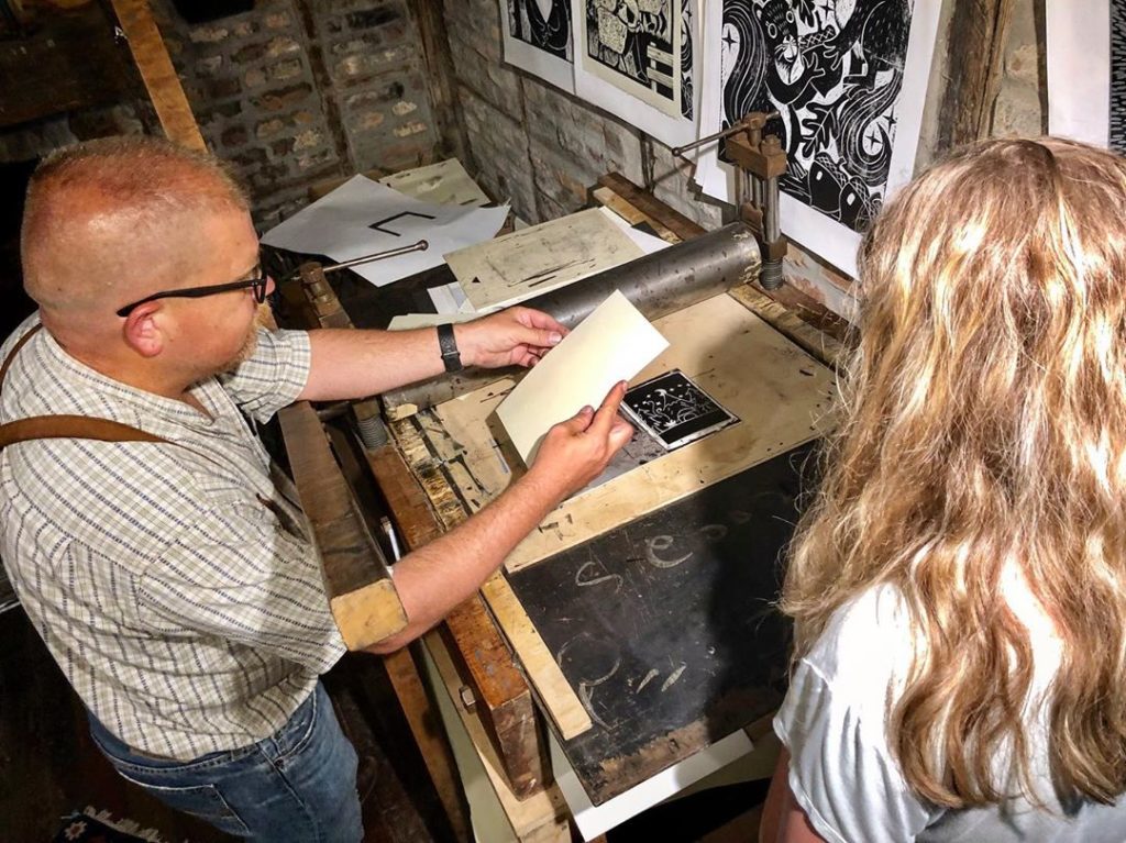 printmaking at the log cabin print shop in old washington kentucky