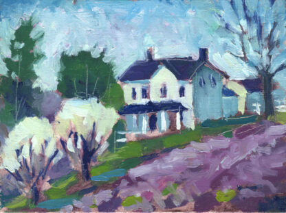 plein air painting of a white house with purple field by kentucky artist ken swinson