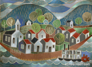 a folk art abstract style painting of a paddleboat docked at a curve in the river at a little village