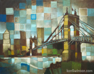 folk art abstract style painting of the roebling bridge with cincinnati’s skyline and the ohio river in the background