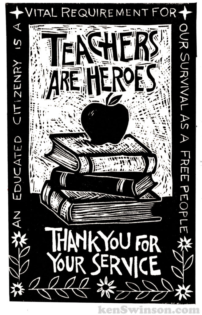 linocut of apple sitting on top of stack of books with text Teachers are heroes, thank you for your service