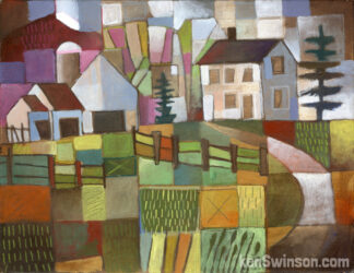 abstract folk art style painting of a country road leading to a house and barn with purple hills in the distance