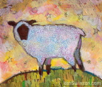 folk art style painting of a sheep on a hill