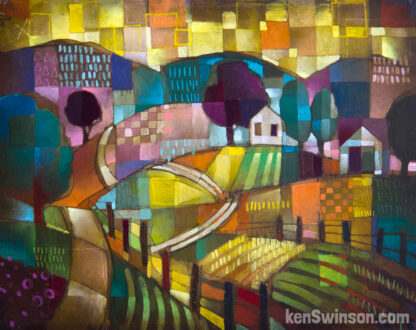 colorful abstract style folk art painting of a country sceen with house and barn in the distance