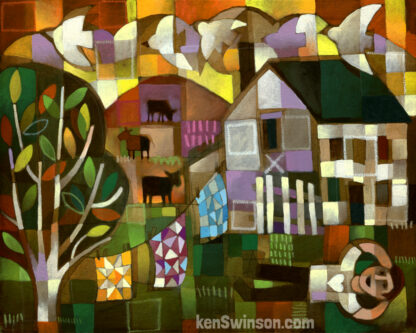colorful folk art abstract style painting of a boy laying in the grass looking at birds with a house and laundry hanging on the line