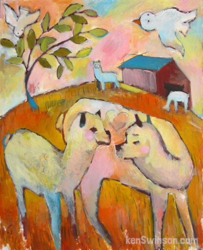 folk art style painting of mother and child alpacas