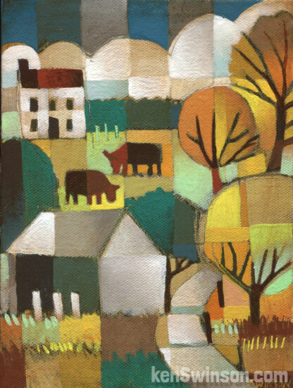colorful folk art style painting of winding country road with a barn, two cows and house
