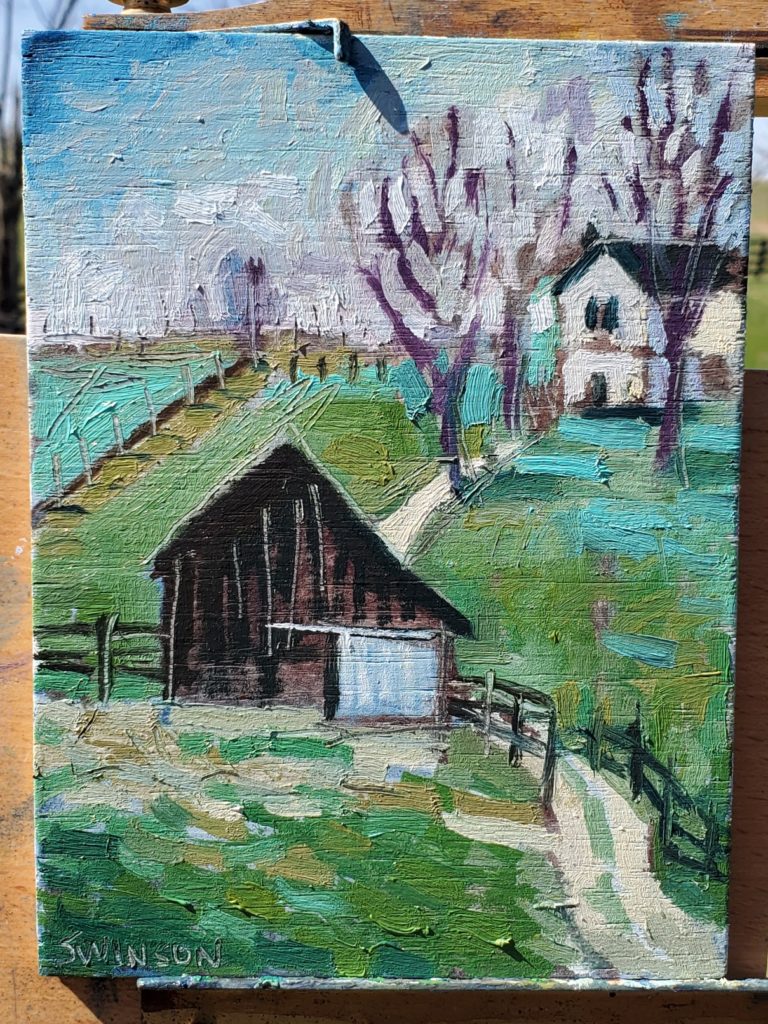 plein air painting of barn and house near the AA highway near maysville, Kentucky
