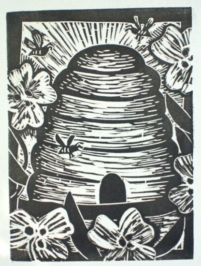 linocut notecard of beehive surrounded by bees and flowers