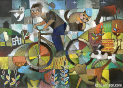 colorful folk art style painting of boy riding bike with cat , dogs following