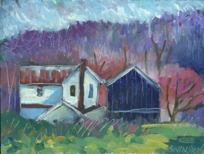 plein air painting by ken swinson of a rural barn and white house near aberdeen ohio