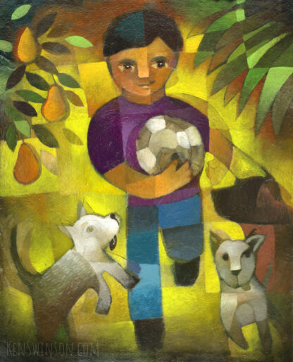 bright colorful abstract folk art style painting of a boy with soccer ball and dogs running