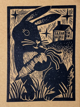 Linocut Notecard of bunny holding carrot in front of house