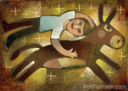 folk art style painting of man riding a burro