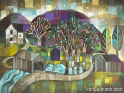 a folk art abstract style painting of the cabin creek covered bridge in lewis county kentucky