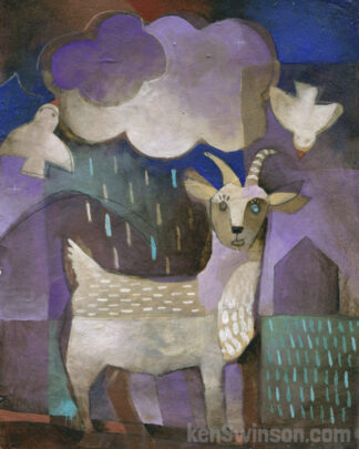folk art style of a goat under a rain cloud