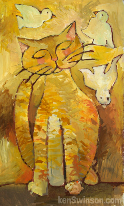 folk art style painting of yellow cat with birds