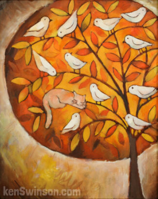 folk art style painting of cat sleeping in tree filled with birds