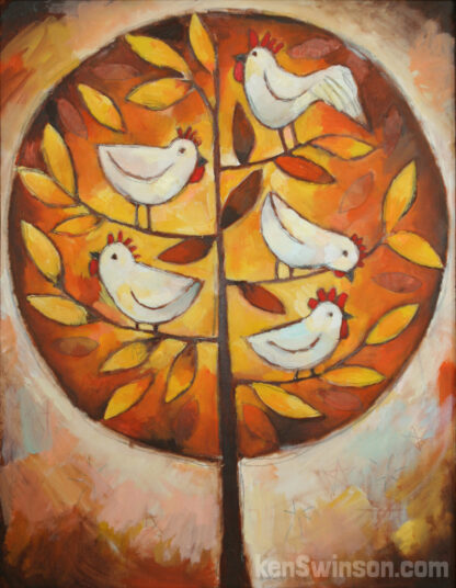 orange folk art style painting of chickens in a tree