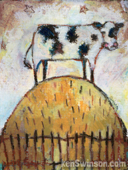 Folk Art Style painting of cow on top of a hill