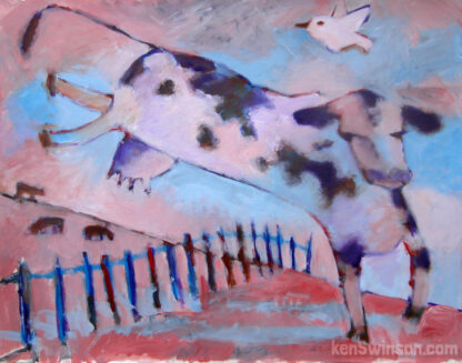 purple folk art style painting of a cow jumping over a fence