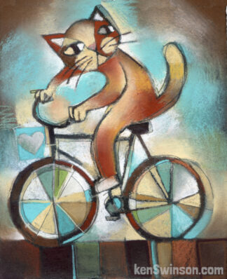 folk art painting of cat on bicycle