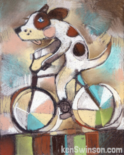 folk art style painting of dog on bicycle