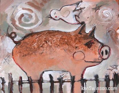 folk art style painting of a pig in a pen