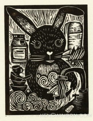 woodcut of rabbit washing dishes