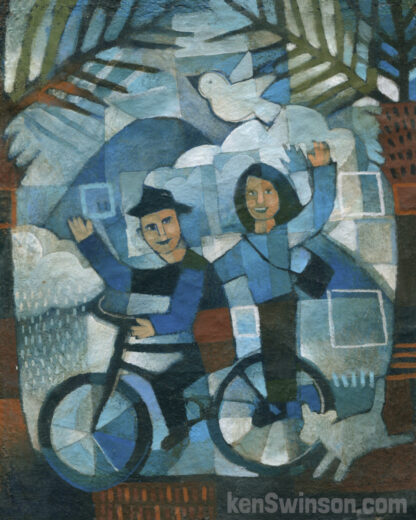 folk art style painting of a man and woman riding a bicyle together. with mountains and a bird in the background