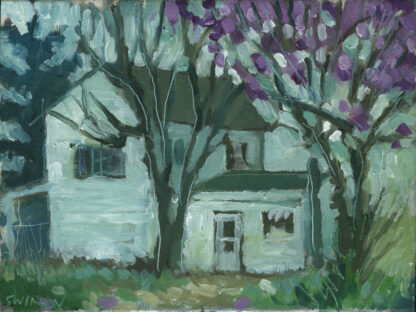 plein air painting of flowering purple trees in old washigton kentucky by artist ken swinson