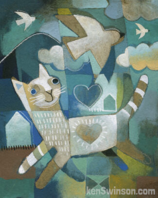 folk art style painting of a cat with bird and house in the background