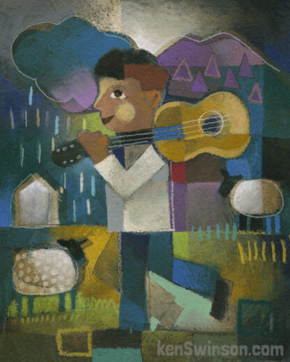 folk art abstract style painting of a box carrying a guitar over his shoulder with mountains and a sheep in the background
