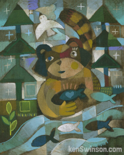 folk art style abstract painting of a raccoon fishing from a stream