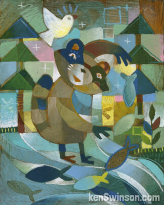folk art abstract style painting of a raccoon fishing from a creek