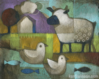 folk art style painting of a sheep visiting two ducks in a river