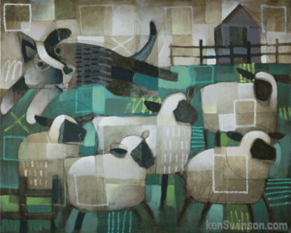 abstract folk art style painting of sheep dog with sheep