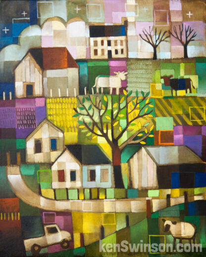 folk art abstract style painting of a rural country scene with a road through hills with sheep, cows barns and a farm house