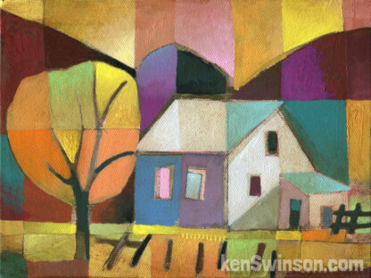 colorful folk art abstract style painting of a house by a yellow tree with purple hills in the background
