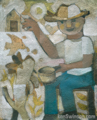 painting of a man feeding a small dog