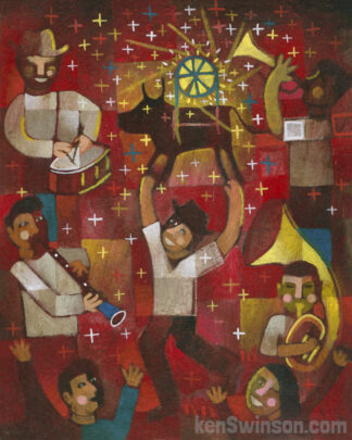 folk art abstract style painting of man holding bull with fireworks and drum and horn musicians