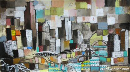 folk art abstract painting of cincinnati ohio's skyline